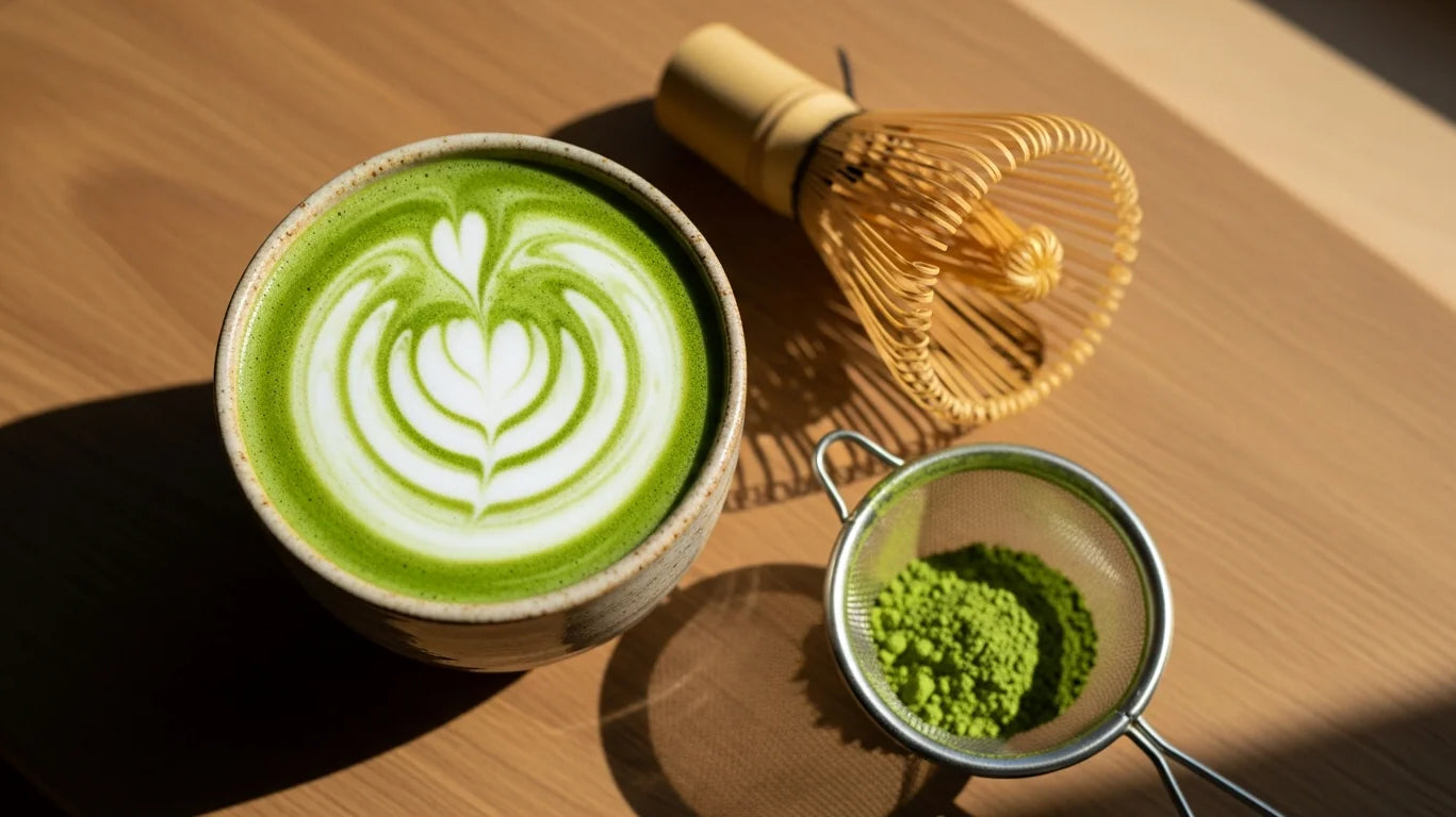 Matcha latte with latte art in a ceramic cup, bamboo whisk and matcha powder beside it