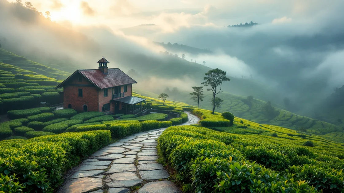 Colonial-era brick tea factory at dawn among misty Nuwara Eliya terraced tea fields, Sri Lanka