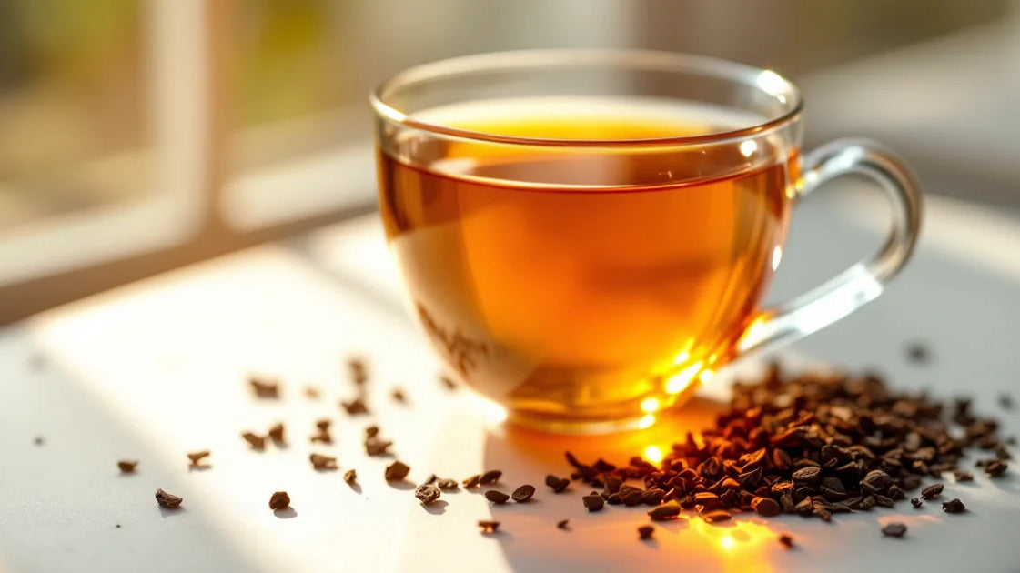 Japanese wakoucha black tea in a porcelain cup glowing clear amber-copper in backlit window light with oxidized tea leaves