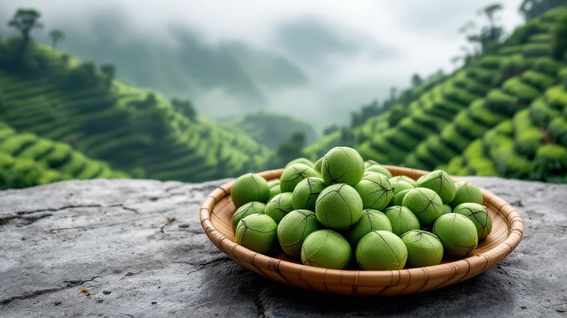 Tightly rolled jade oolong tea balls in bamboo tray with misty Alishan high-mountain terraced tea gardens behind