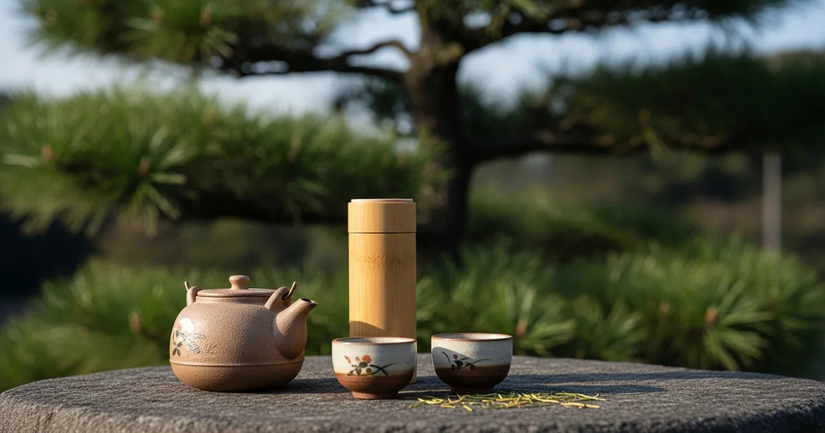 Old-style Japanese sencha tea set recalling the wandering tea seller Baisao