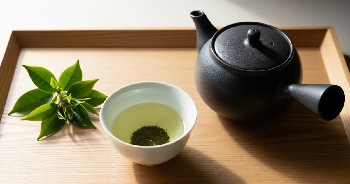 Sencha brewing setup with Japanese kyusu teapot and pale green tea in cup