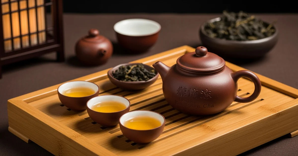 Gongfu oolong tea ceremony setup with small teapot and cups on bamboo tray