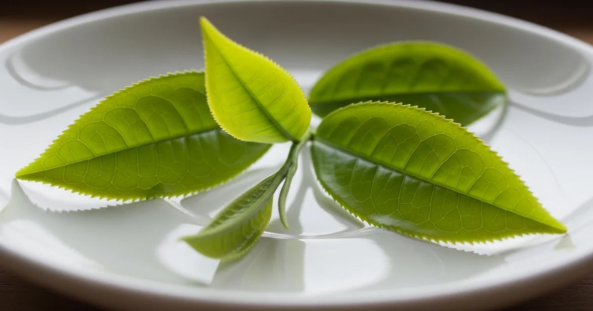 Fresh green tea leaves on a branch in a Japanese tea field, natural light