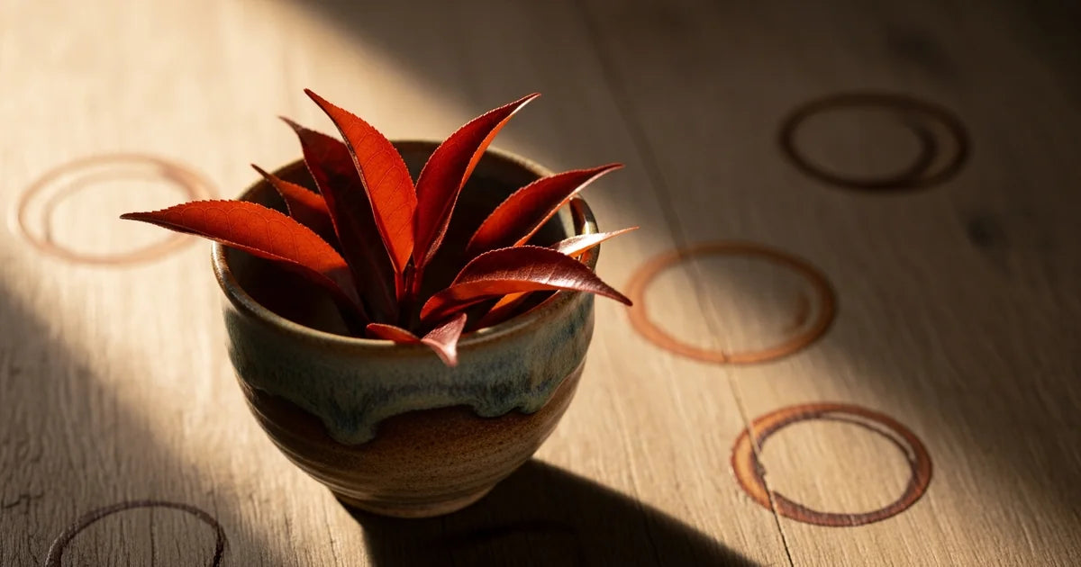 Japanese black tea wakoucha leaves in a copper-colored ceramic cup with warm tones