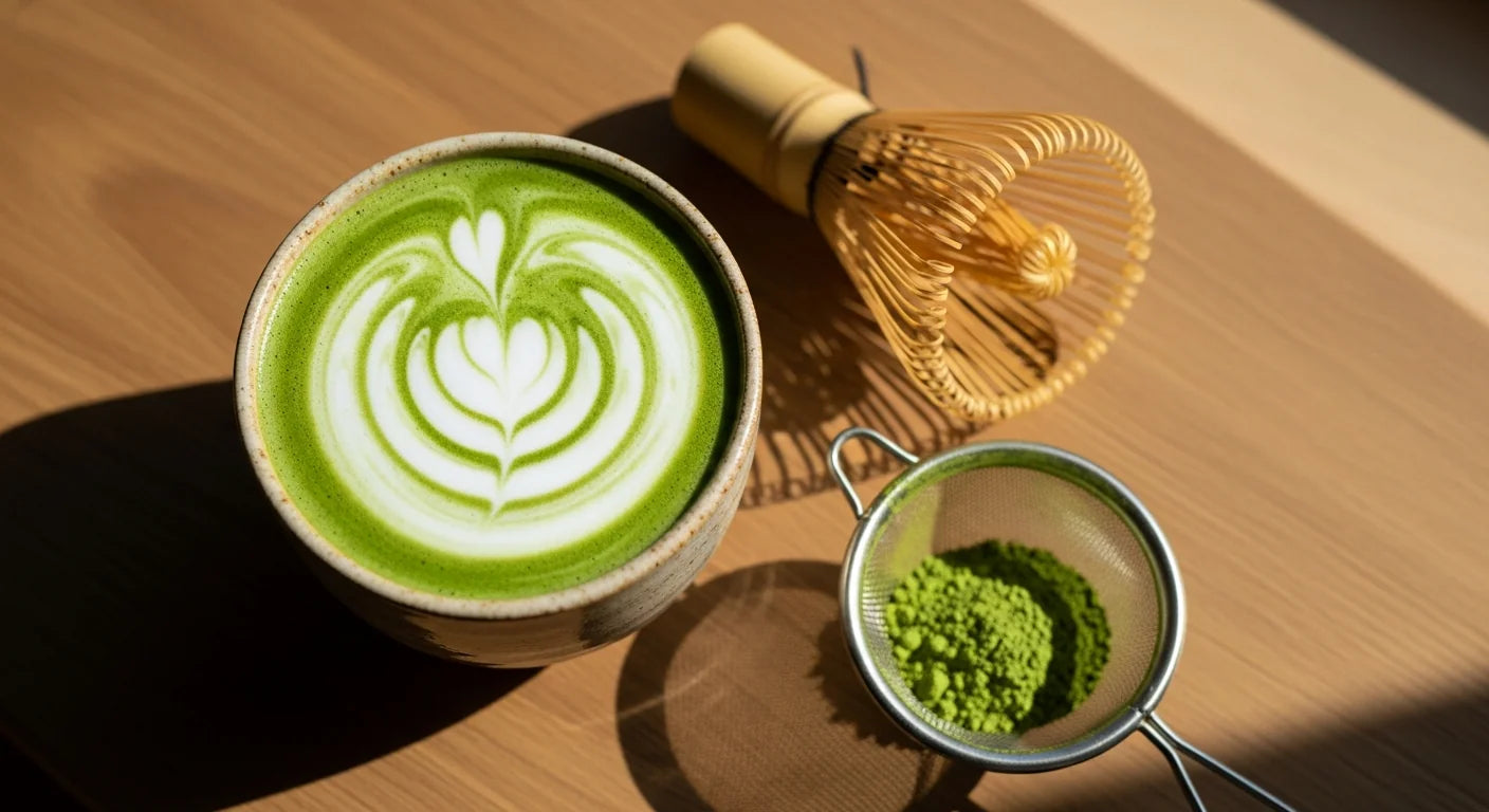 Matcha latte with latte art in a ceramic cup, bamboo whisk and matcha powder beside it