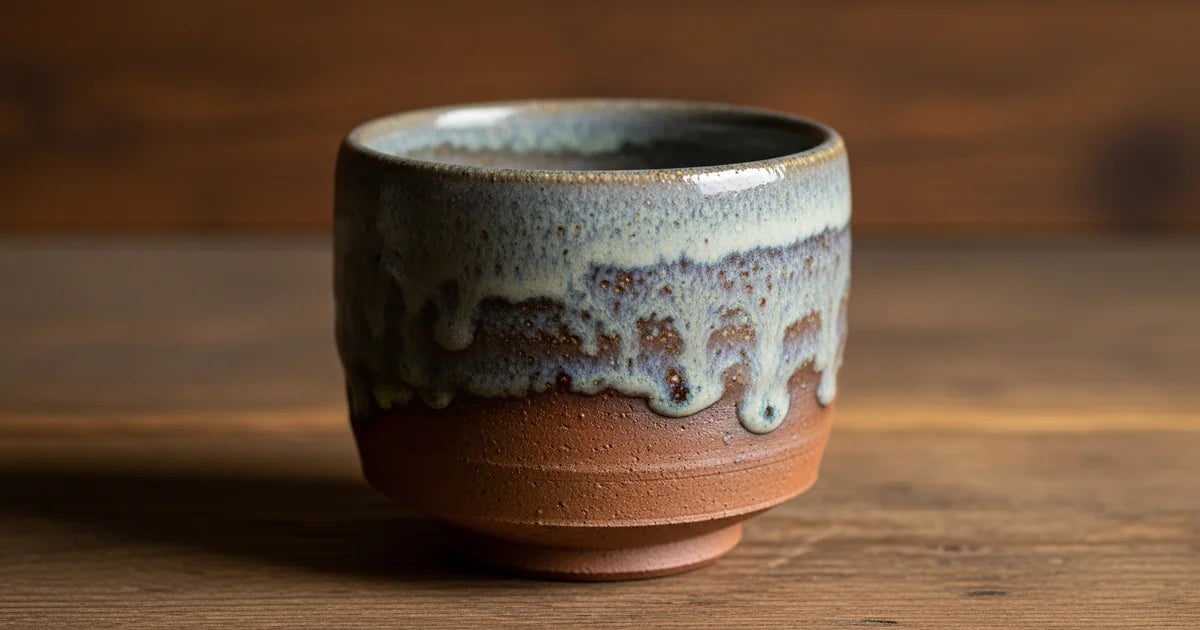 Japanese earthenware pottery teacup with natural glaze and rustic texture