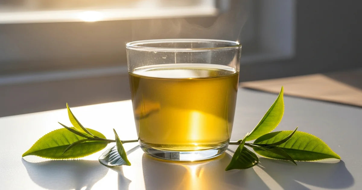 A clear glass of green tea in sunlight showing golden-green color with catechin antioxidants