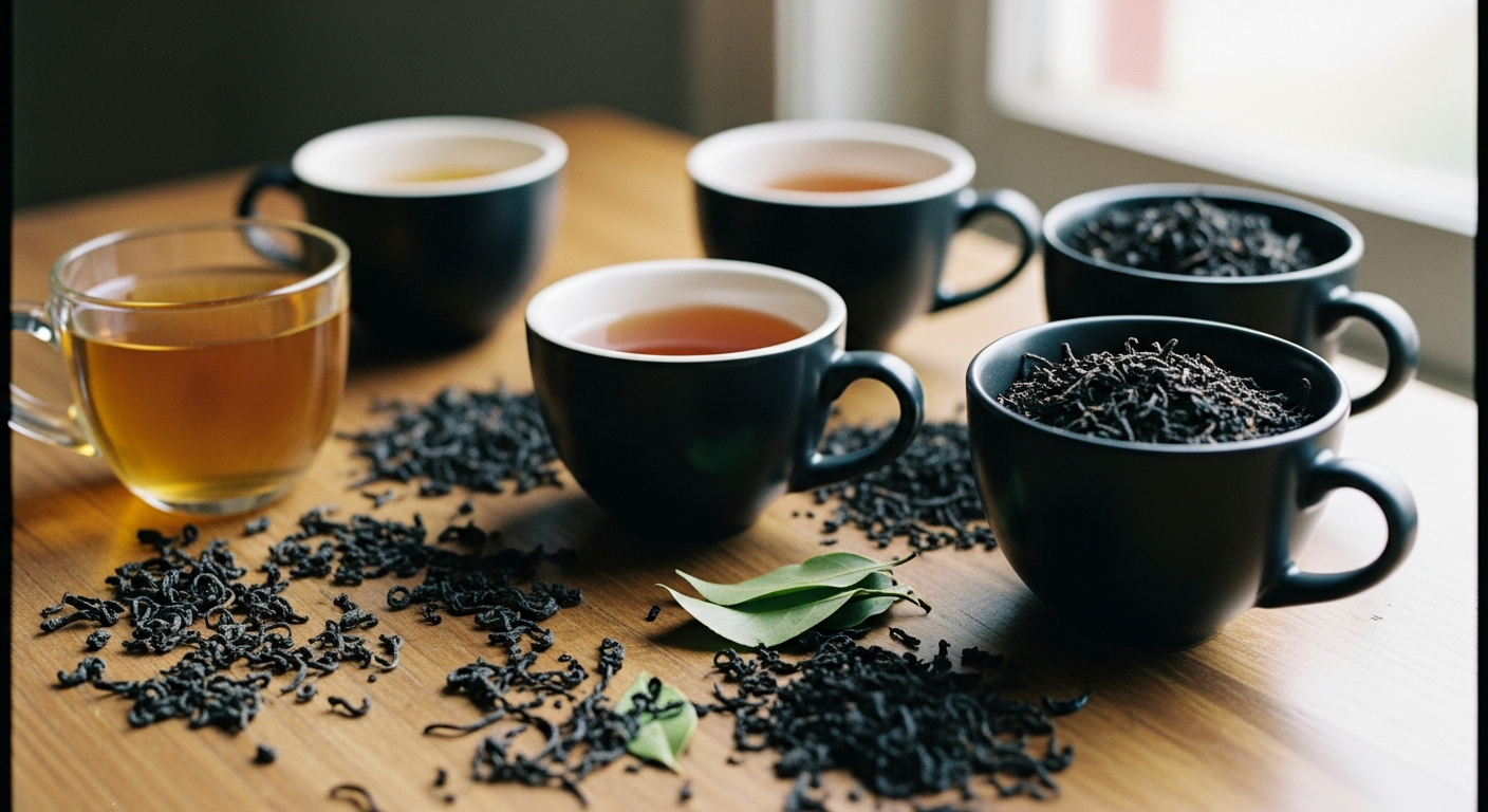 Several cups of black tea in different colors from pale golden to deep reddish-brown with scattered loose tea leaves