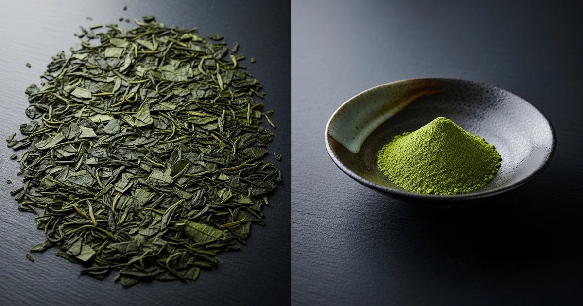 Tencha flat tea leaves and bright green matcha powder side by side on a dark surface