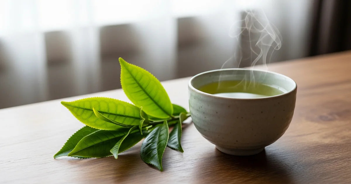 Caffeine in tea leaves with a cup of freshly brewed green tea