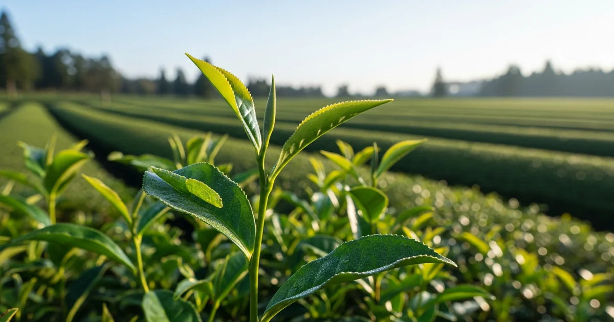 Yabukita tea cultivar leaves on a tea field showing the legacy of Japanese tea breeding