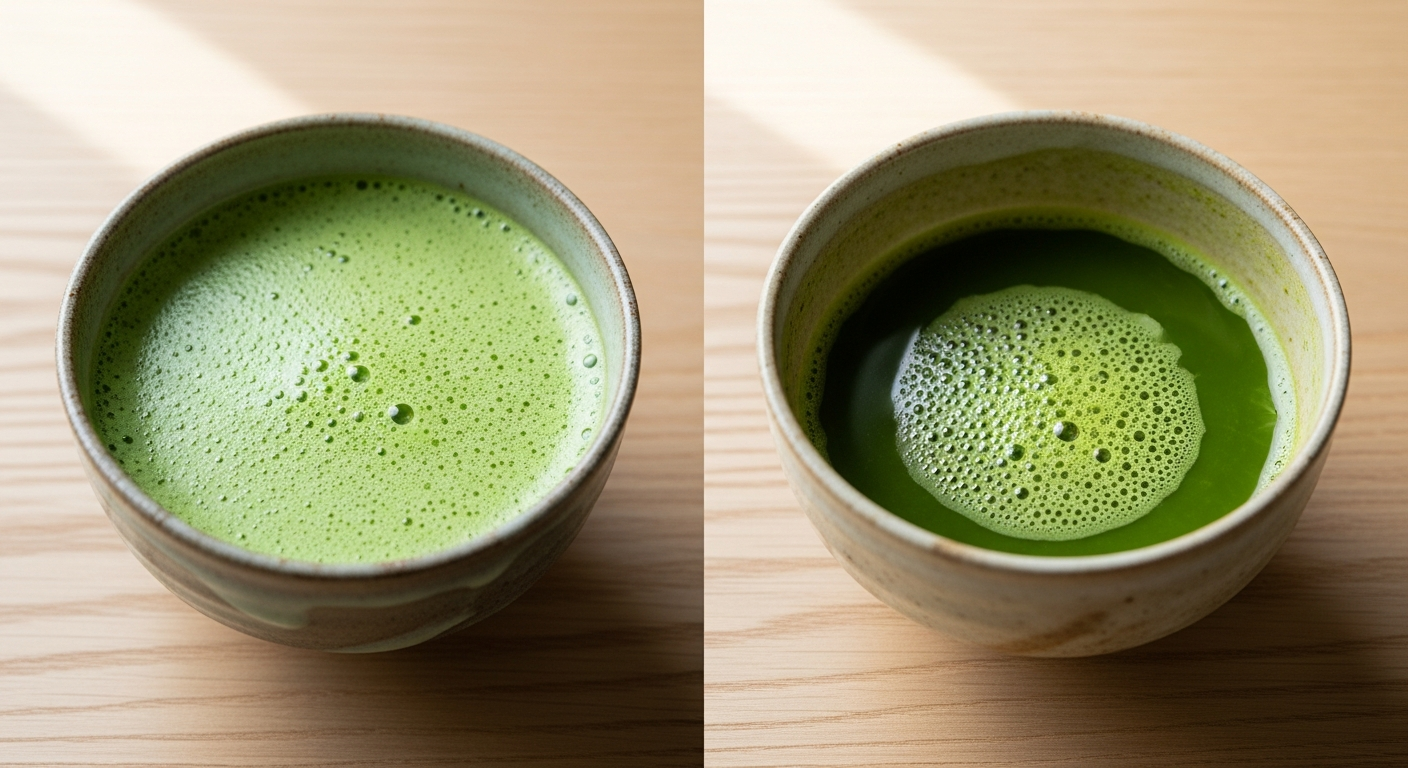 Two bowls of matcha side by side comparing Japanese and Chinese matcha quality