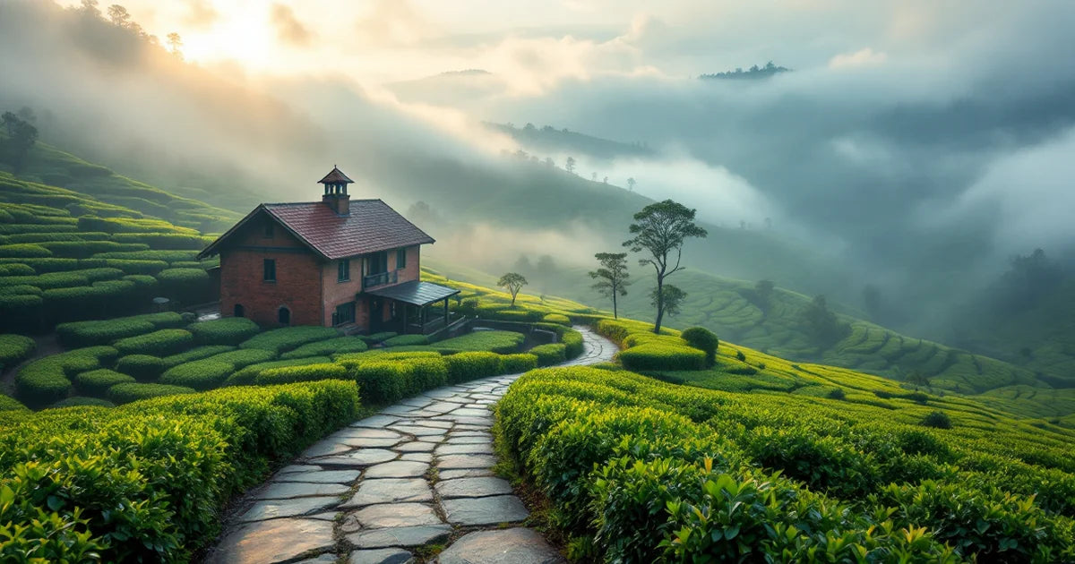Colonial-era brick tea factory at dawn among misty Nuwara Eliya terraced tea fields, Sri Lanka
