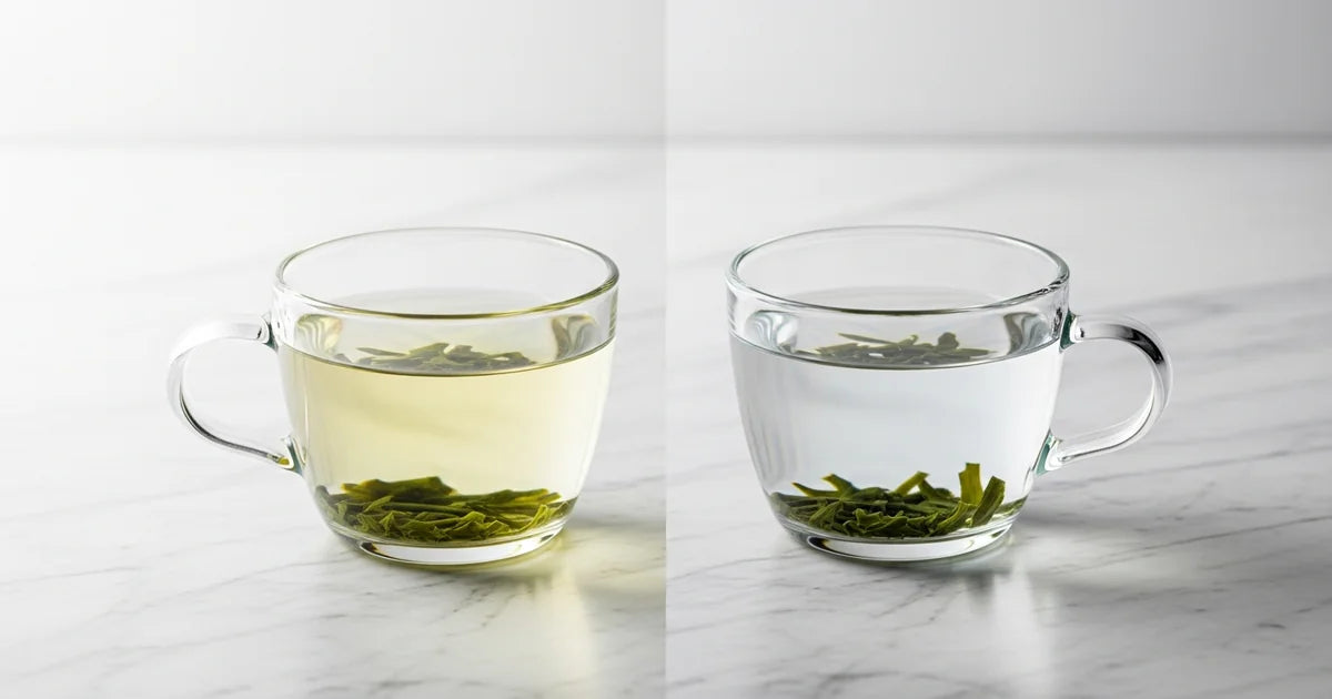 Two glasses of water side by side with Japanese green tea leaves showing water quality