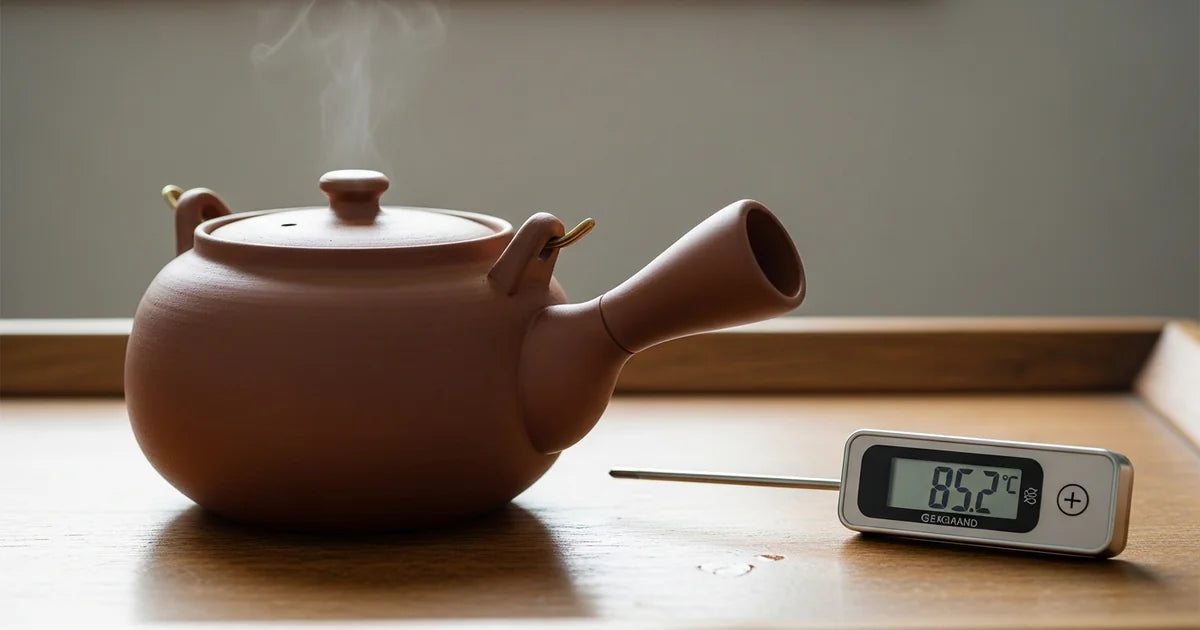 Japanese kyusu teapot with steam and small thermometer showing brewing temperature