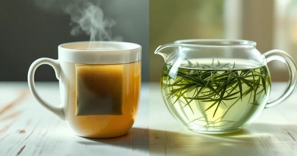 Split view: tea bag releasing murky amber in a ceramic mug beside a clear glass pot with Japanese sencha leaves slowly unfurling