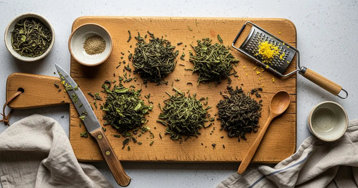 Used green tea leaves displayed in various culinary uses on a kitchen surface