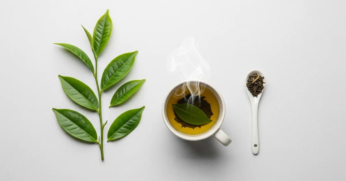 Green tea leaves and a measuring tape suggesting healthy lifestyle and weight management