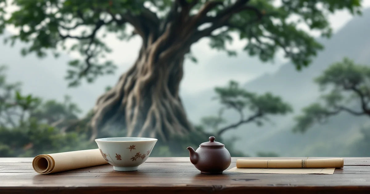 Ancient Yunnan tea tree, Song-era Jian bowl, Yixing teapot and bamboo scroll on a wooden table