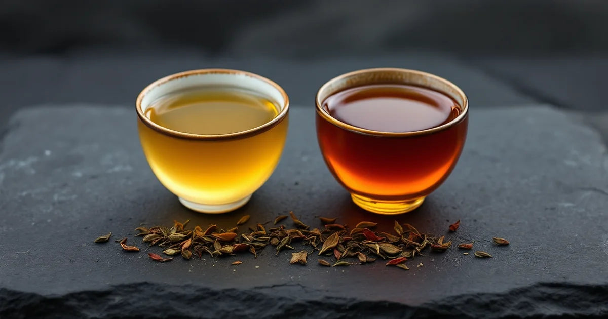 Two ceramic cups of oolong tea showing the pale gold to deep amber oxidation spectrum on dark slate