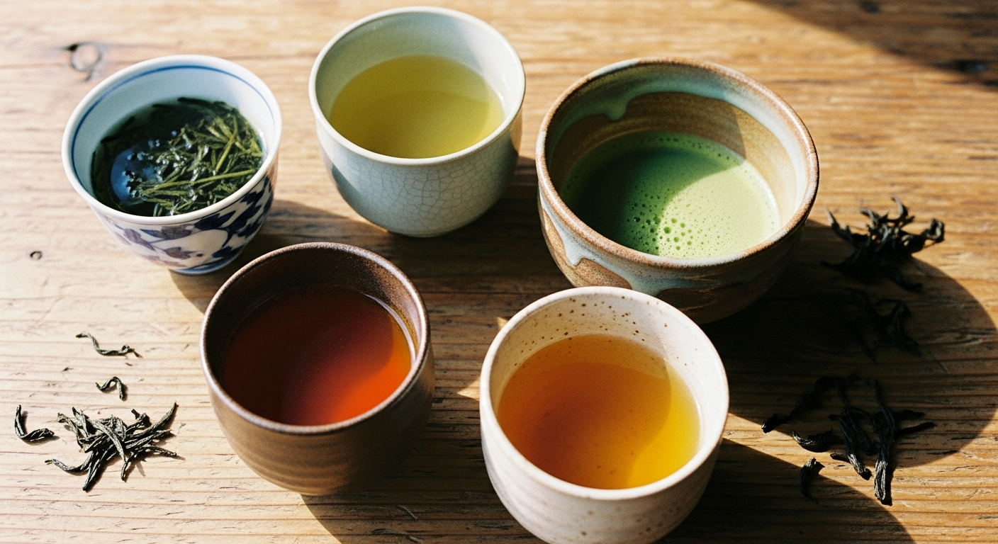 Five cups of different Japanese teas showing varying colors from bright green to warm brown on a wooden table