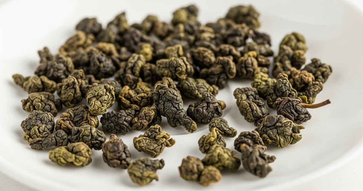 Rolled oolong tea leaves in a porcelain bowl showing amber and green tones