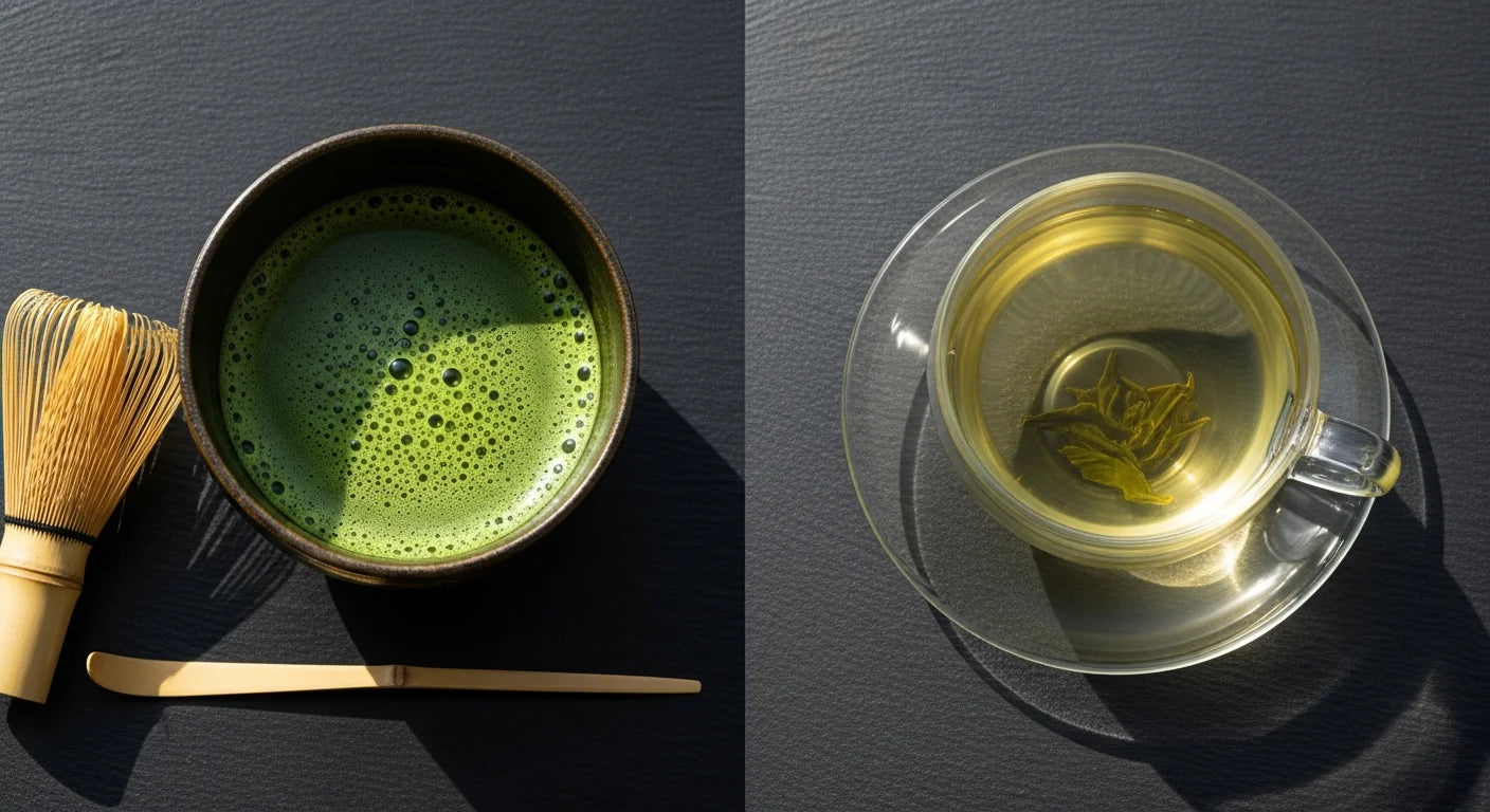 Side-by-side comparison: a bowl of vivid green whisked matcha with chasen and a clear glass cup of brewed sencha on dark slate