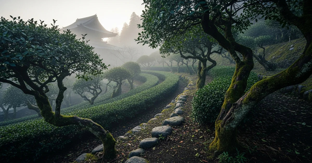 Buddhist tea cultivation scene with ancient tea plants on mountain slope in Japan