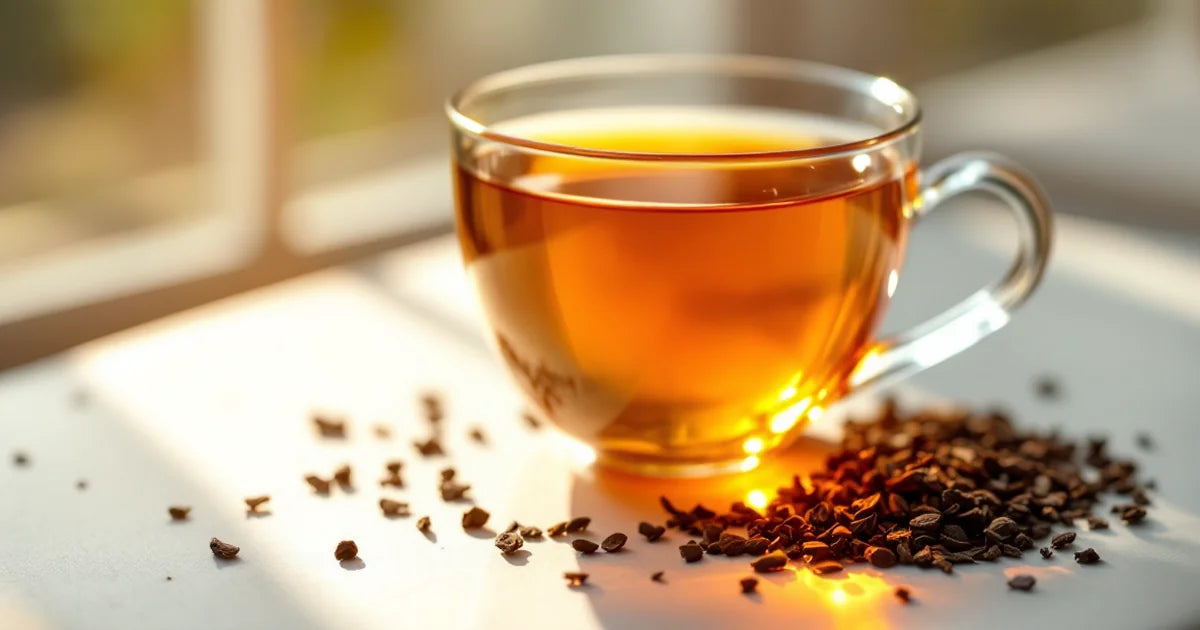 Japanese wakoucha black tea in a porcelain cup glowing clear amber-copper in backlit window light with oxidized tea leaves