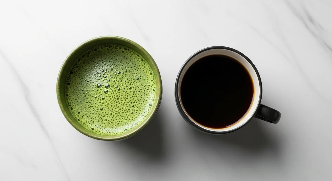 Overhead view of a cup of matcha and a cup of coffee side by side on marble surface