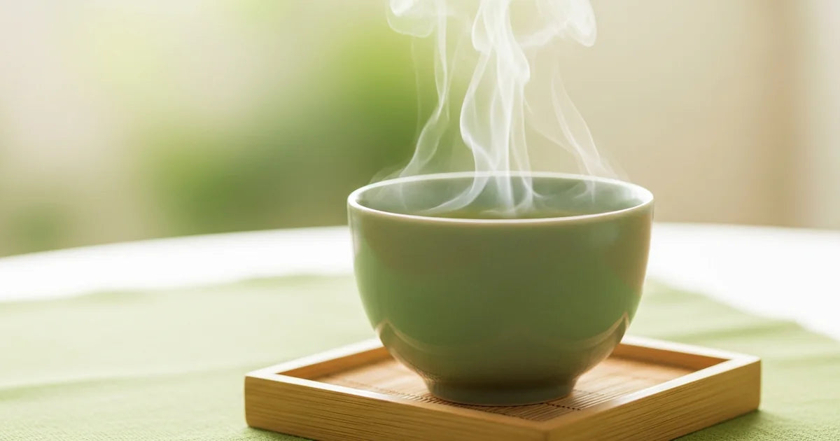 Steaming cup of Japanese green tea in soft natural light, relaxing wellness setting