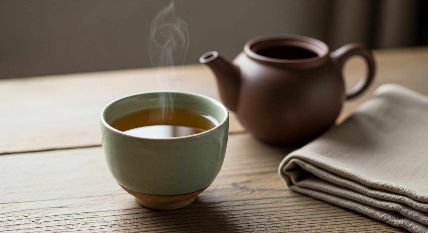 A Japanese ceramic teacup filled with golden-brown Hojicha tea next to a clay teapot on a wooden table