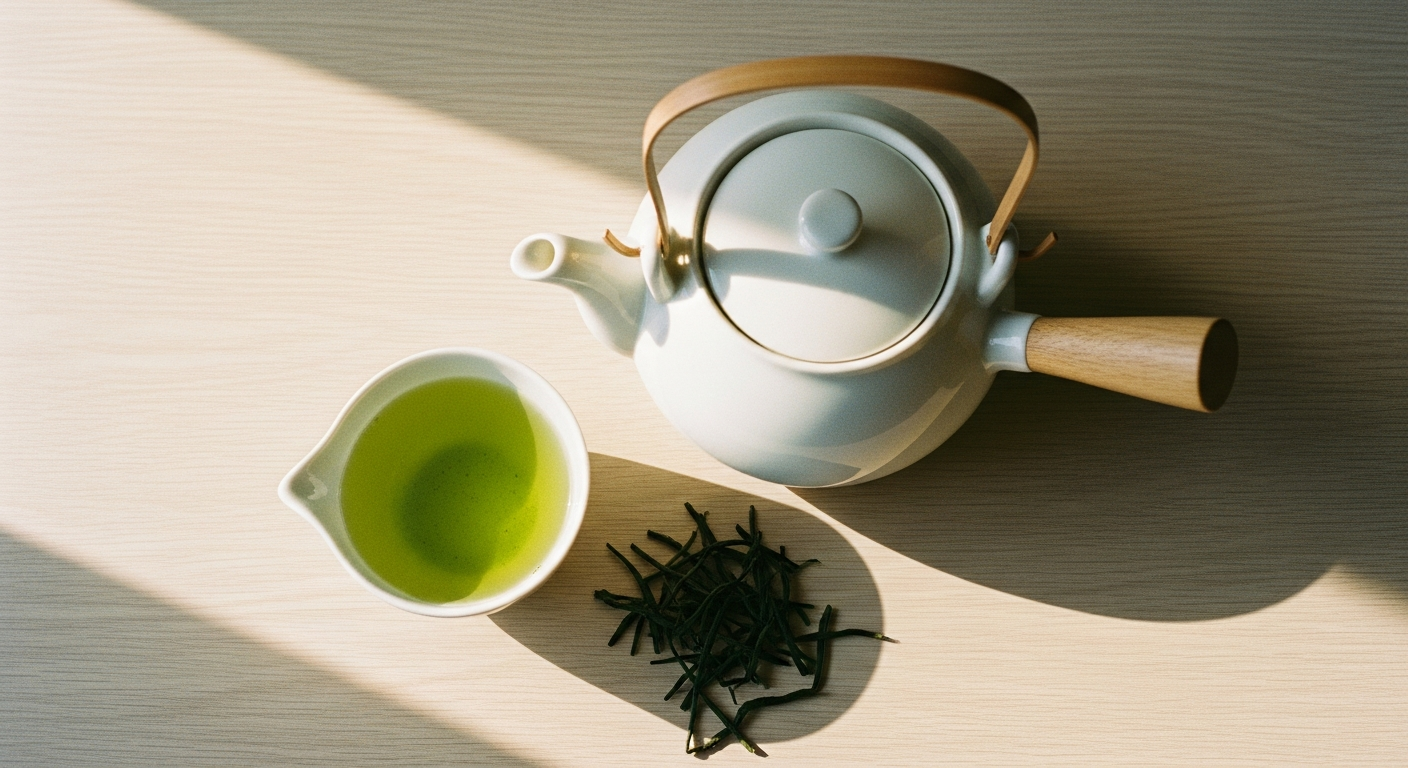 A white kyusu teapot and cup of bright green sencha tea with rolled tea leaves on a wooden table