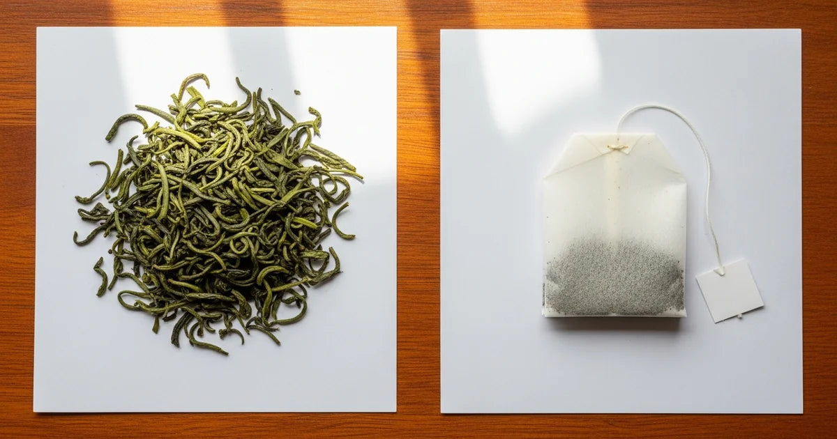 Side-by-side comparison of loose leaf green tea and tea bag on wooden surface