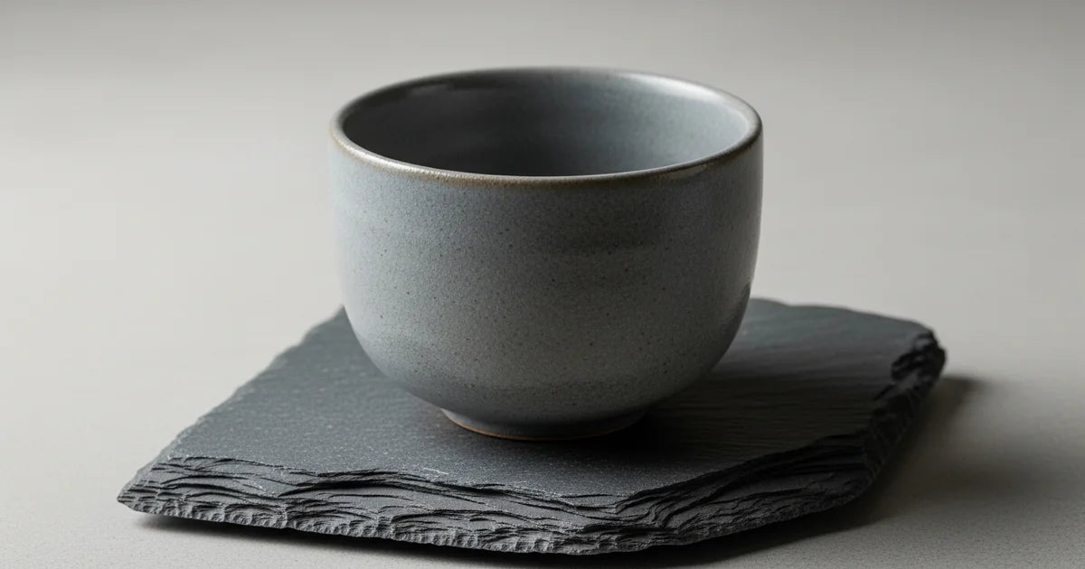 Gray stoneware Japanese teacup with thick walls and natural glaze in natural light