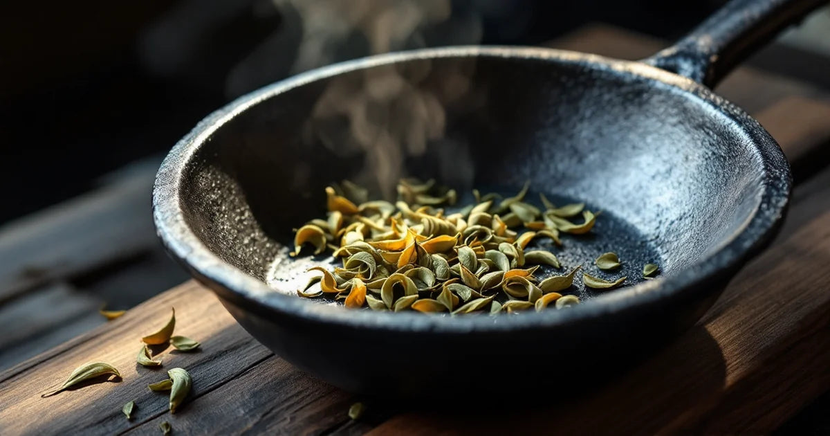 Weathered cast-iron kamairicha pan with curled pan-fired green tea leaves on a dark wooden surface