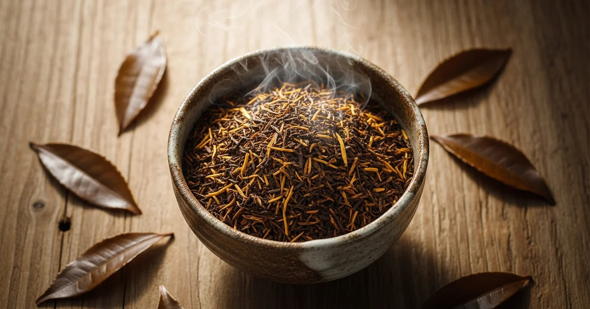 Roasted hojicha tea leaves in a rustic ceramic bowl with warm amber tones