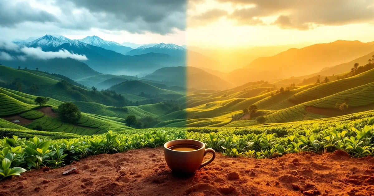 Darjeeling Himalayan terraces and Assam valley tea fields divided by light, with a clay kulhad cup