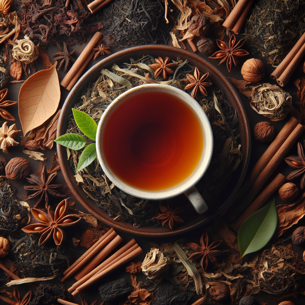 A cup of Hojicha tea surrounded by roasted tea leaves and stems, creating a warm and rustic scene.