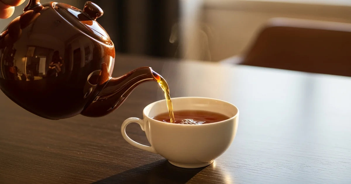 Black tea brewing in a ceramic teapot with warm amber color and steam