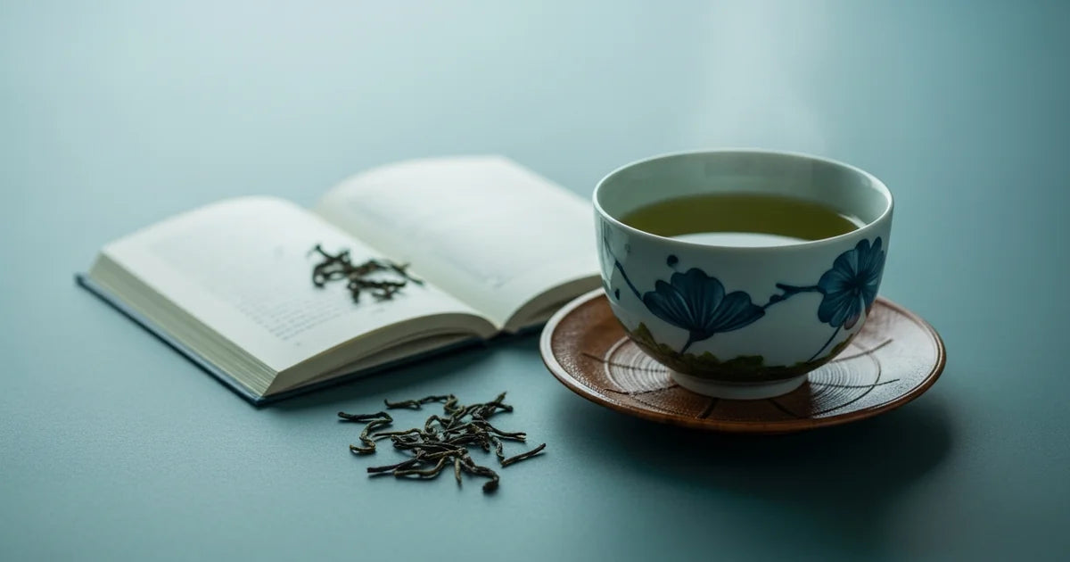 Green tea leaves and a ceramic teacup in calm natural light suggesting mental clarity