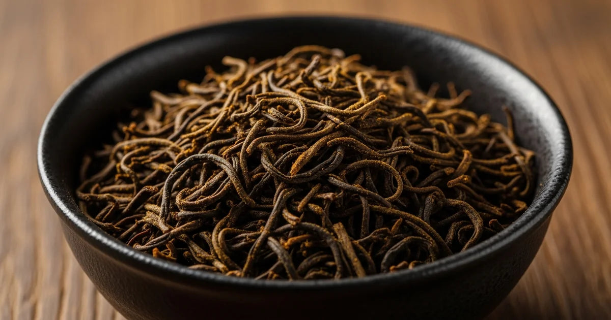 Hojicha roasted tea leaves in a dark ceramic bowl showing warm amber color