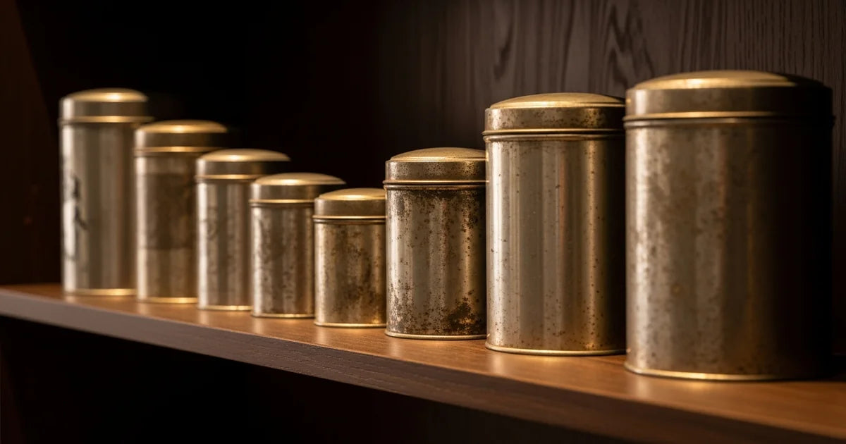 Japanese ceramic tea canisters on a wooden shelf showing tea merchant heritage