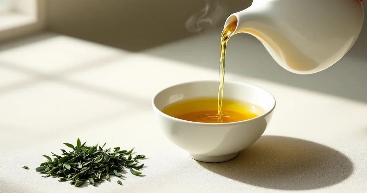 White porcelain kyusu pouring clear golden-green Japanese green tea into a ceramic bowl with soft natural light