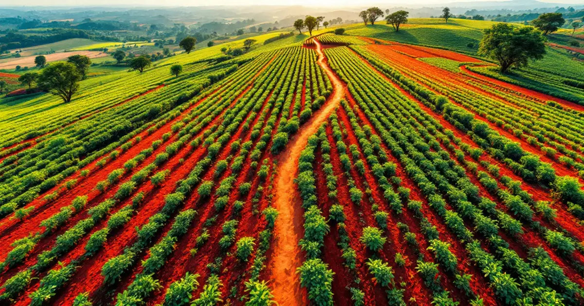 Vast Kenyan tea highlands with vivid red laterite soil stripes cutting through dense green CTC tea plantation rows to the horizon