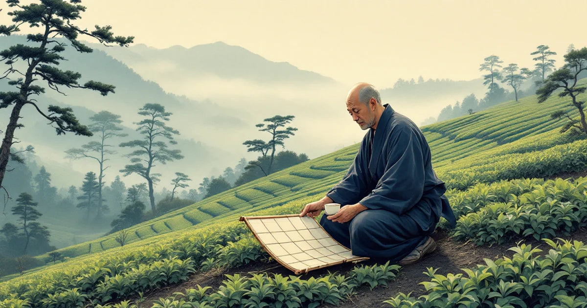 Edo-period woodblock print style illustration of Yamamoto Kahee observing shaded tea bushes on a misty Uji hillside, the discovery that created gyokuro