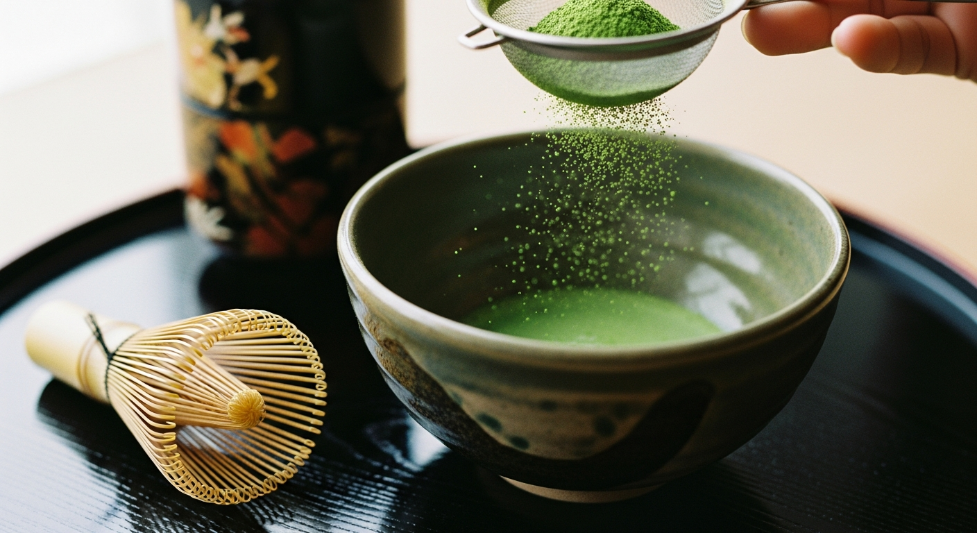 Vibrant green matcha powder being sifted into a traditional chawan bowl with a bamboo chasen whisk