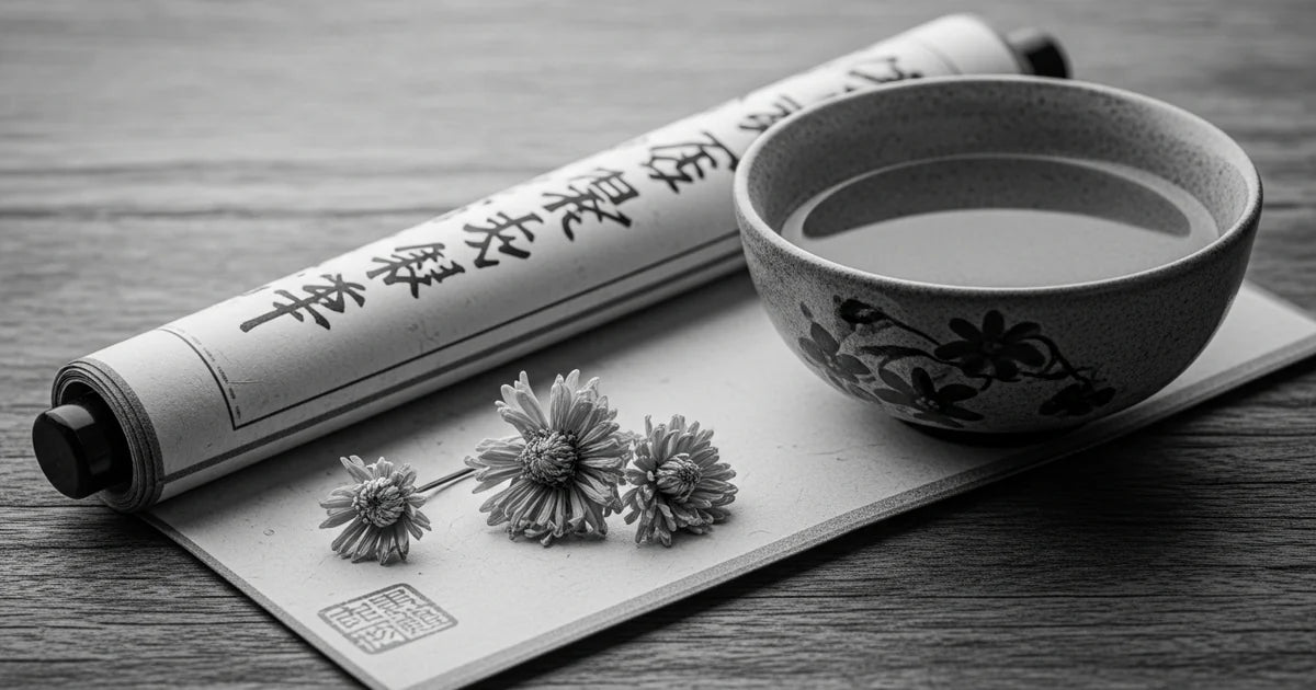 Japanese tea culture artifact scene with scroll and traditional utensils