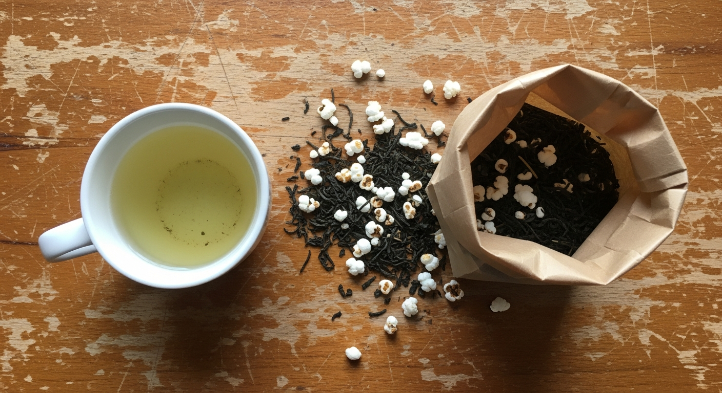 Overhead view of a cup of pale green Genmaicha tea next to a bag of loose leaf blend with scattered roasted rice grains and tea leaves